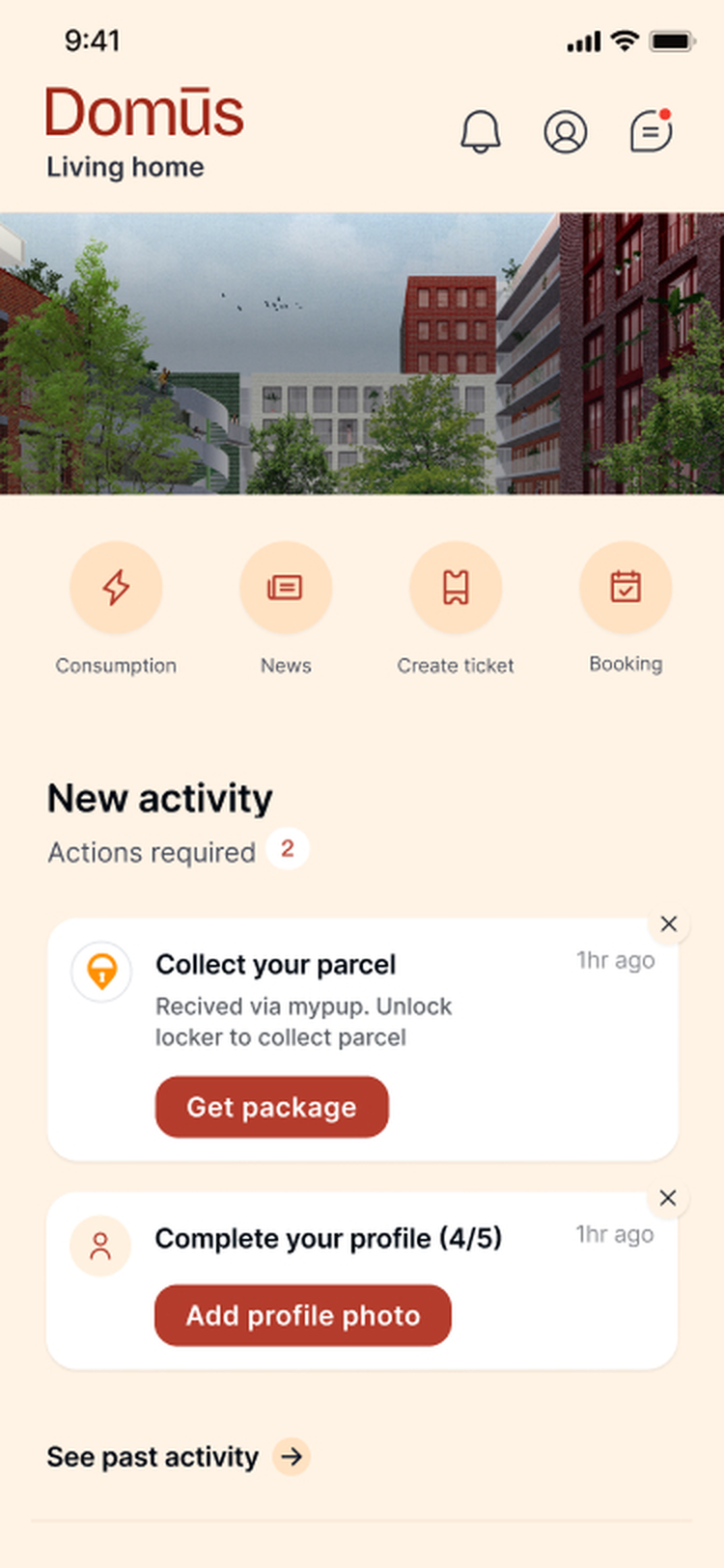 Domūs app home screen with the consumption card powered by Rhino